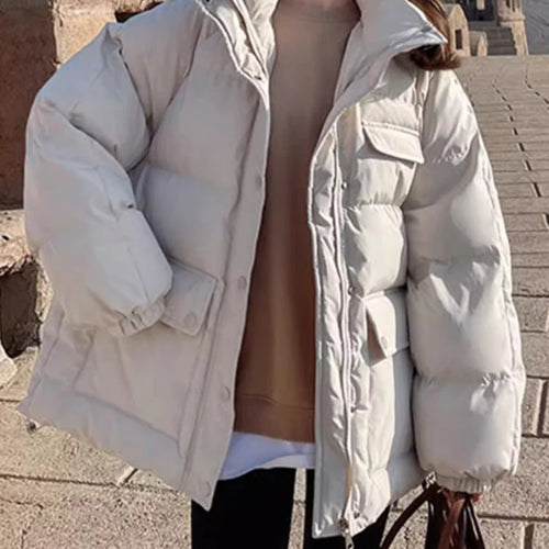 Load image into Gallery viewer, Coffee Winter Zipper Loose Down Jackets Women Casual Thick Warm White Parkas Solid Color Korean Hooded Down Cotton Coats
