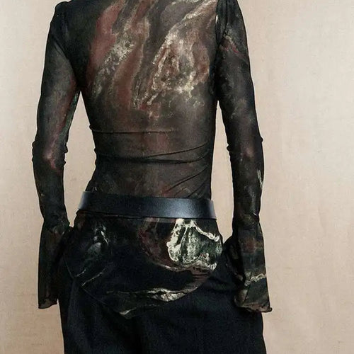 Load image into Gallery viewer, Women Geen Mesh Printed Slim Irregular Slim T-shirt New V-Neck Long Flare Sleeve Fashion Tide Spring Autumn 2025 1DH9372
