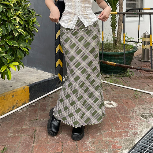 Load image into Gallery viewer, Y2K Green Frill Low Waist Long Plaid Skirt Female Harajuku 2000s Aesthetic Mesh Skirt Two Layer Chic Fairycore Bottom
