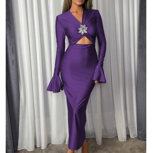 Load image into Gallery viewer, Long Sleeved Diamond Hollow Dress for Women, Elastic Tight Flare Sleeves, Elegant Female Gown, Elegant Clubwear, Party
