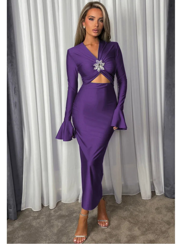 Long Sleeved Diamond Hollow Dress for Women, Elastic Tight Flare Sleeves, Elegant Female Gown, Elegant Clubwear, Party