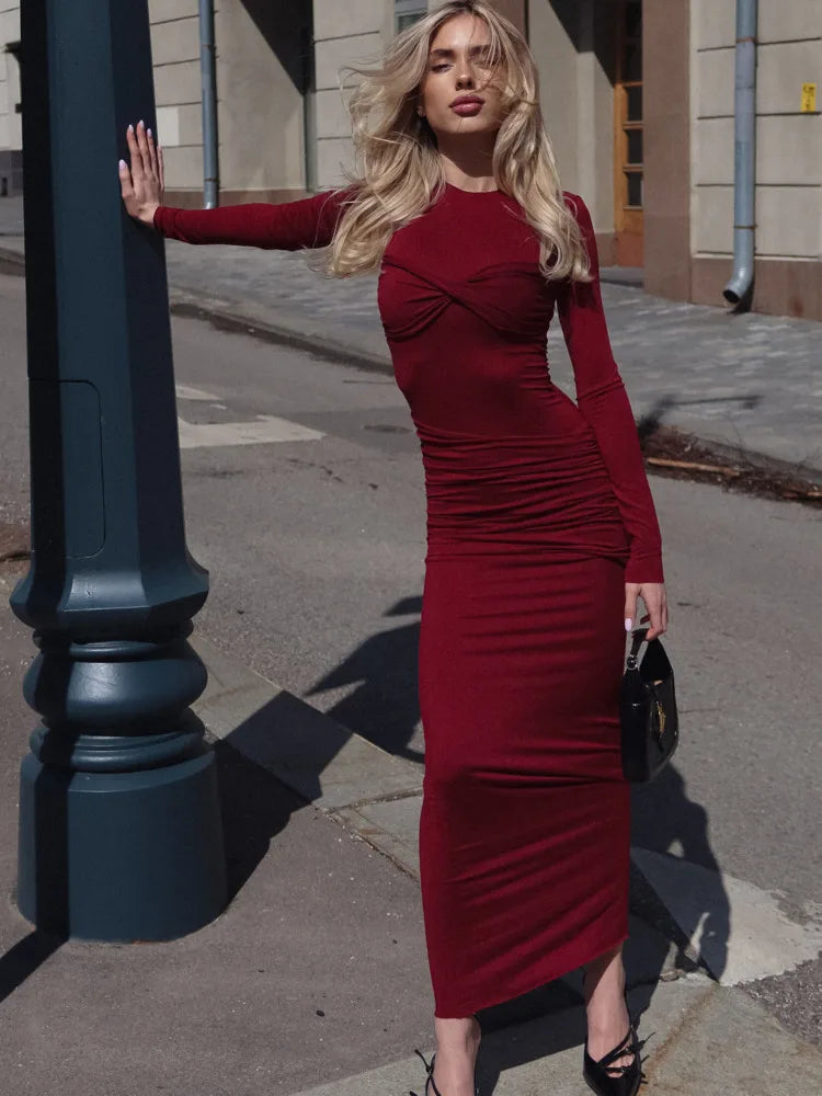 Elegant Long Sleeved Elastic Tight Dress Women Pleated Double-layer Party Club Evening Dress Female Slim Vestido 2024