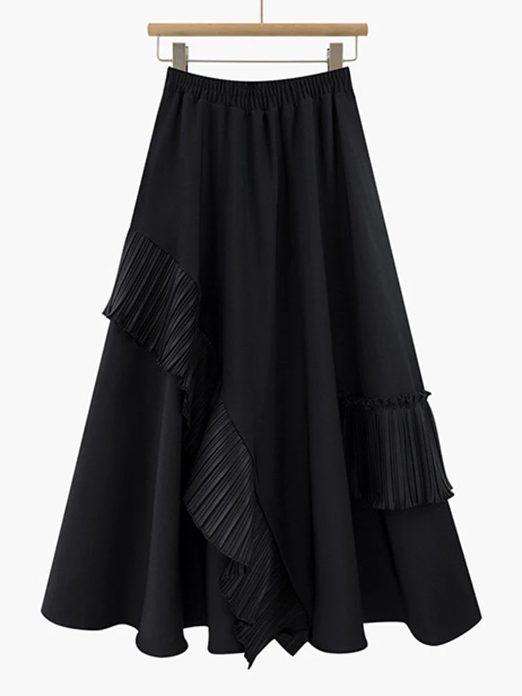 Chic Spliced Ruffles Skirts For Women High Waist Mid Calf Patchwork Folds Temperament Skirt Female Fashion Clothing