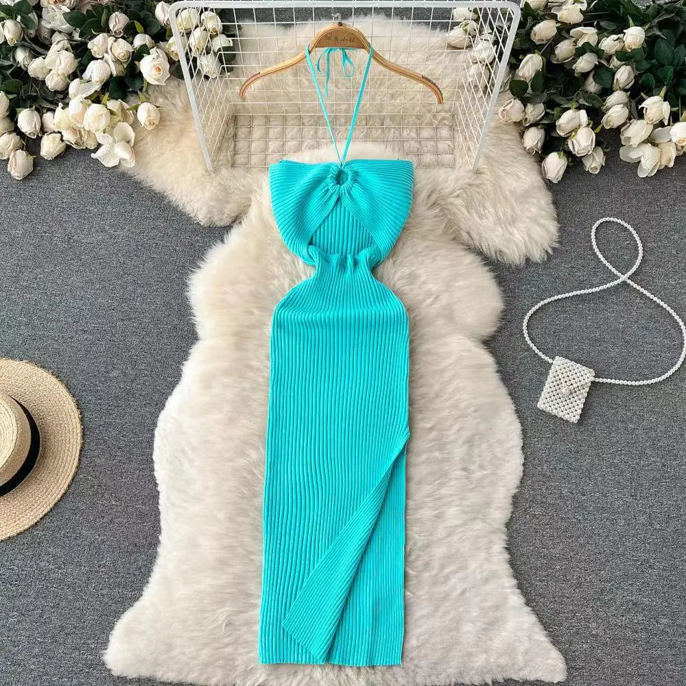 Korean Women's Solid Elegant Sexy Club Slim Wrapped Hip Halter Lace-up Split Long Dress Summer Vacation Knitted Party Dress Chic