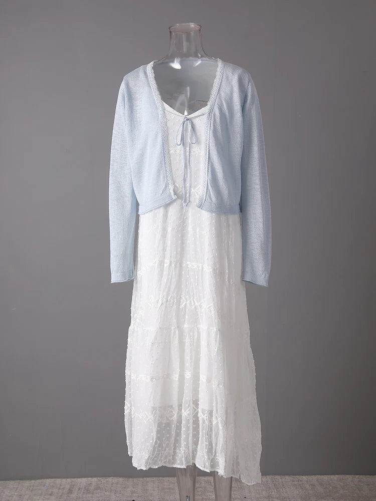 Women White Lace Jacquard Elegant Long Spaghetti Strap Dress New V-Neck Sleeveless Fashion Tide Spring Summer 2025 CPG3081