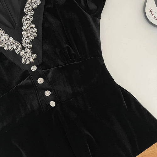 Load image into Gallery viewer, French Vintage Women New Black Diamond Velvet Long Sleeve Evening Dress Autumn Winter High Waist Elegant Party Short Dress Trend
