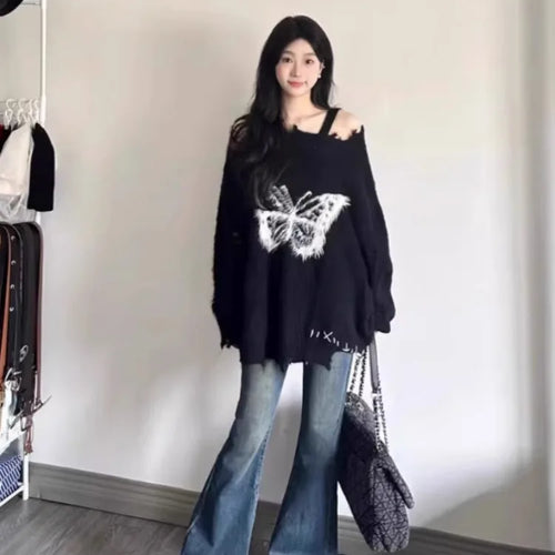 Load image into Gallery viewer, Sweet Y2k Aesthetic Grunge Butterfly Hole Sweaters Oversized Long Casual Harajuku Jumpers Fashion Ins Knitted Women Pullovers
