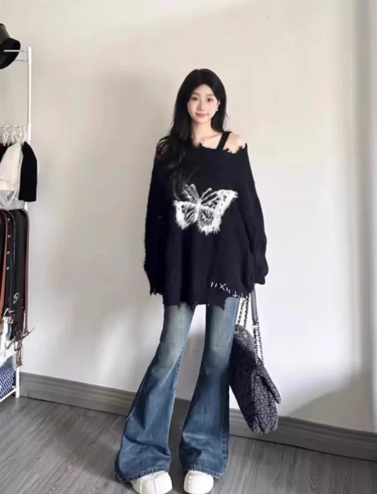 Sweet Y2k Aesthetic Grunge Butterfly Hole Sweaters Oversized Long Casual Harajuku Jumpers Fashion Ins Knitted Women Pullovers