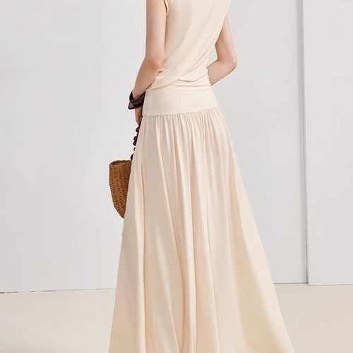 Load image into Gallery viewer, Solid Loose Casual Long Dresses for Women Swinging Neck Sleeveless Low Waist Patchwork Folds Elegant Dress Female
