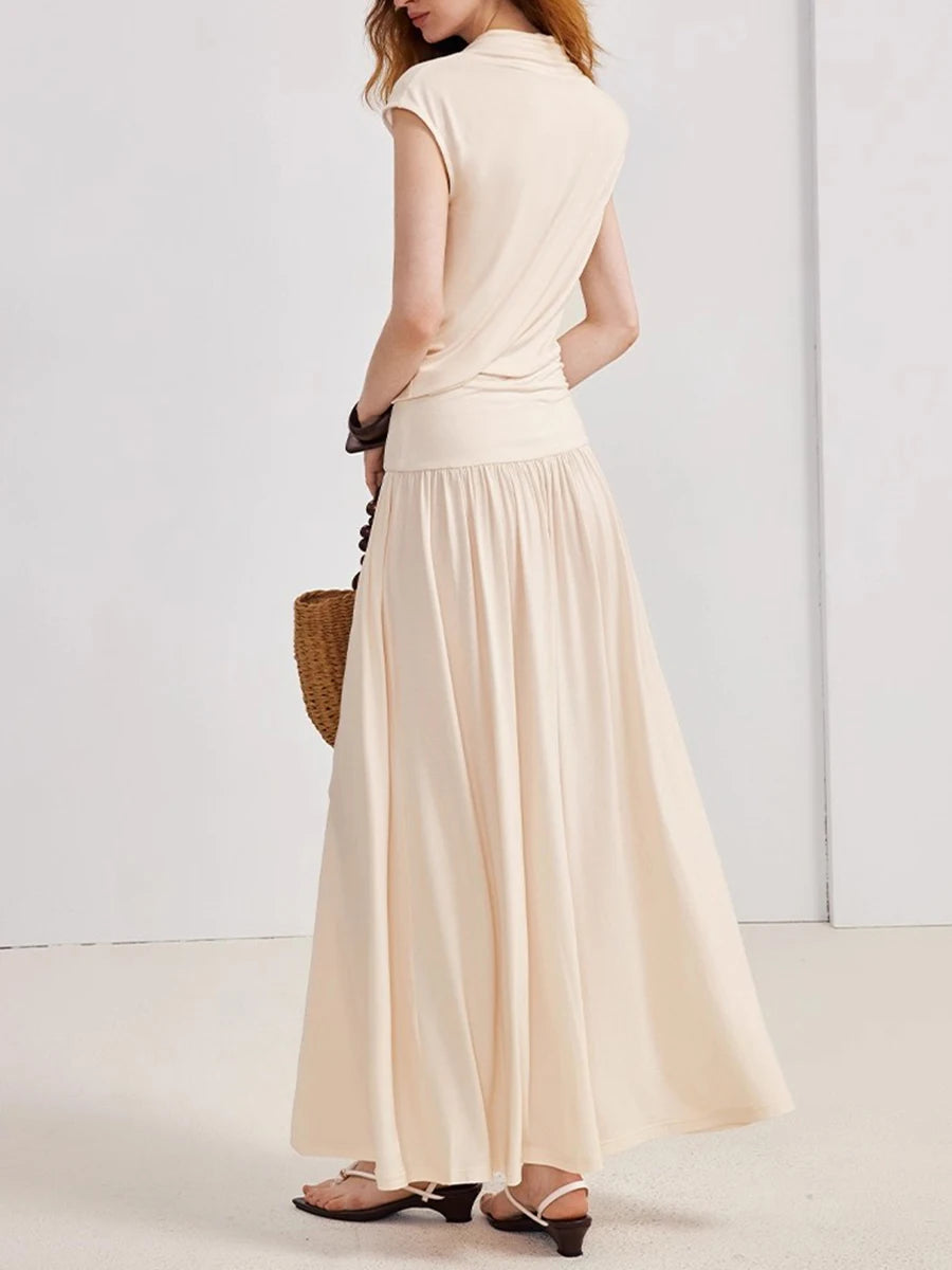 Solid Loose Casual Long Dresses for Women Swinging Neck Sleeveless Low Waist Patchwork Folds Elegant Dress Female