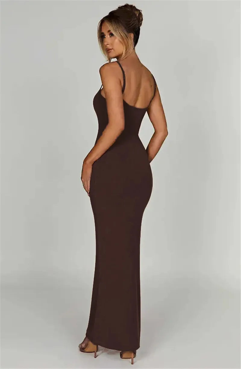 Spaghetti Strap Backless Bodycon Maxi Dress Women Autumn New Thickened Fabric Sleeveless Club Party Sexy Long Dress