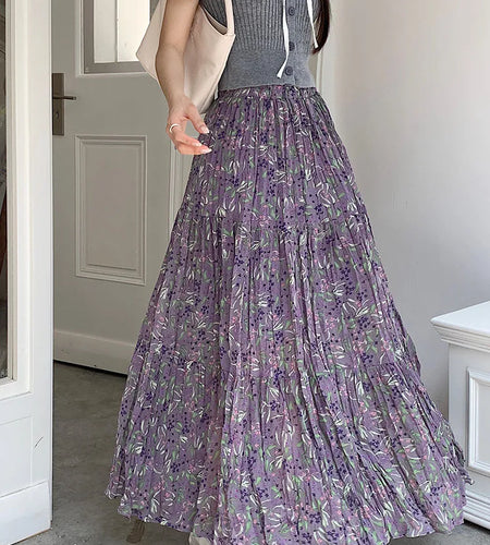 Women Purple Flower Elastic High Waist A-line Pleated Long Skirt Spring Summer New Beach Skirt Fashion Versatile Trendy Bohemian