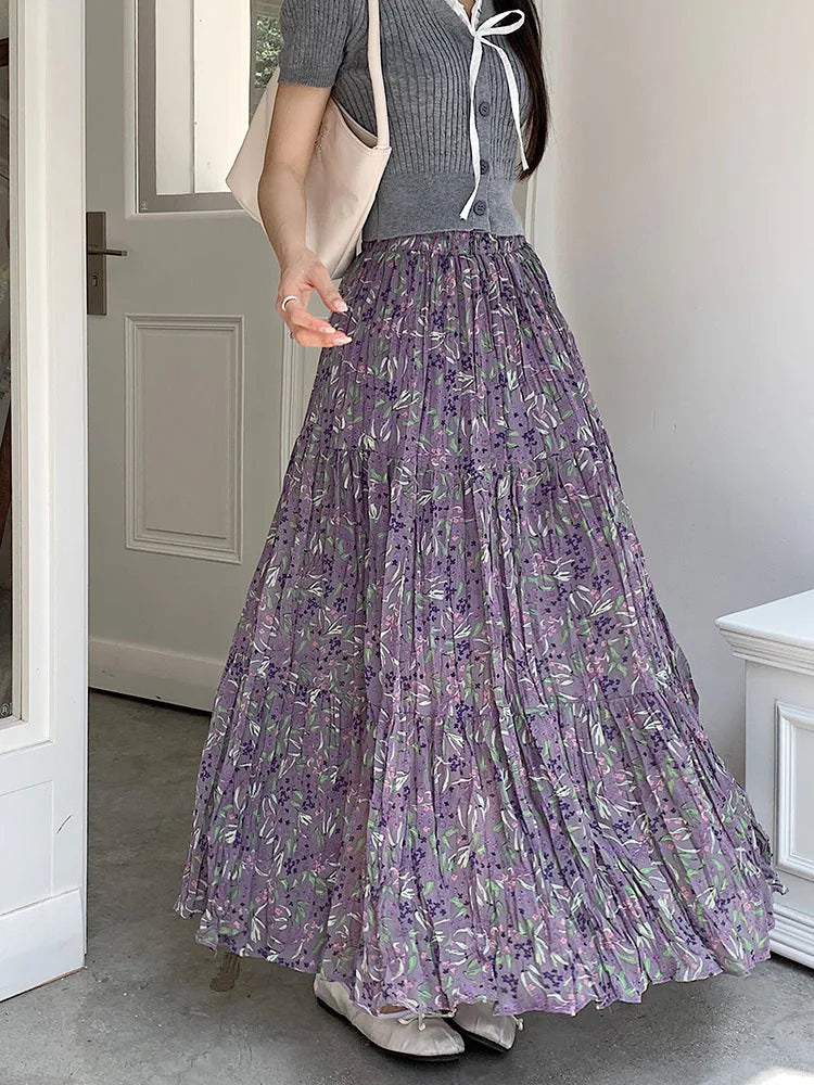 Women Purple Flower Elastic High Waist A-line Pleated Long Skirt Spring Summer New Beach Skirt Fashion Versatile Trendy Bohemian