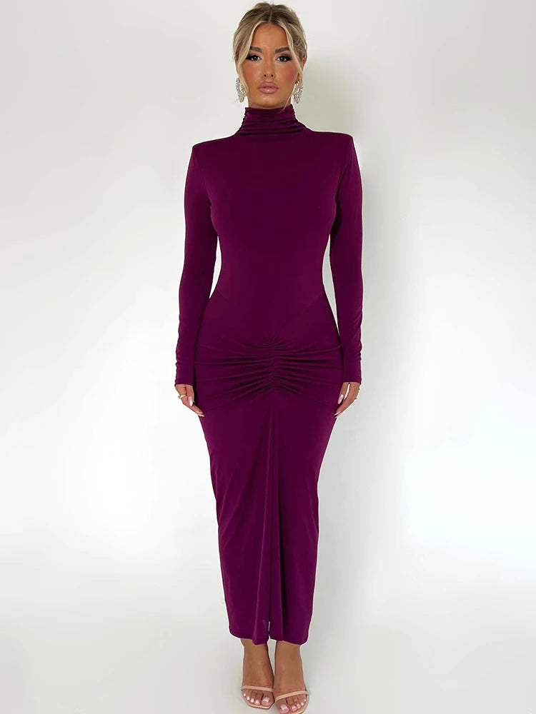 Elegant Turtleneck Long Sleeve Bodycon Maxi Dress Women Autumn Winter New Ruched Club Party Sexy Dress Vestidos