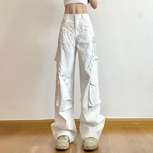 Load image into Gallery viewer, Casual White Design Cargo Pants Women Patched Heart Shape Sweatpants Harajuku Rivet Draped Baggy Trousers Y2K Outfits
