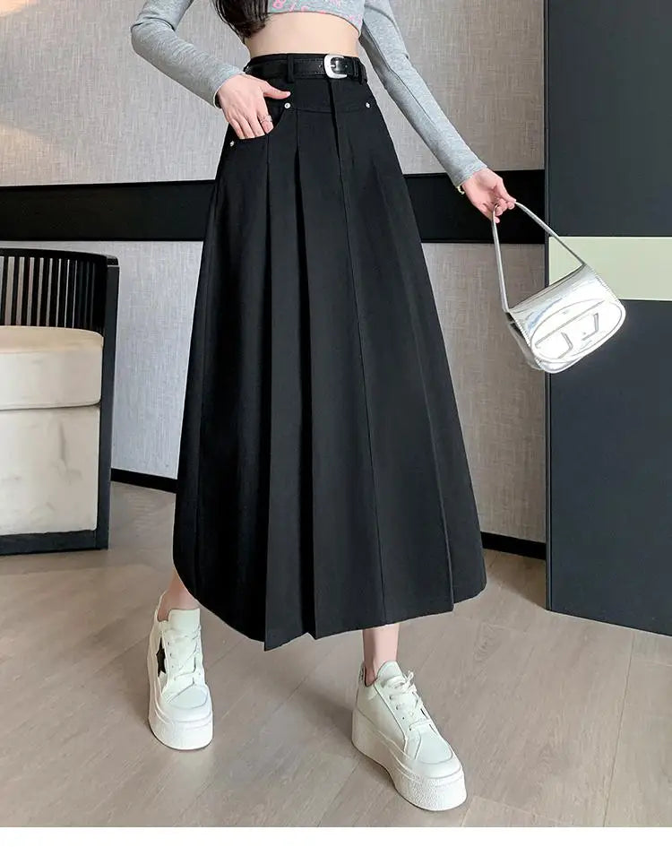 Black Beige Denim Long Skirt For Women 2024 Spring Summer New Brown High Waist Pleated A-line Umbrella Jean Skirts Office Lady