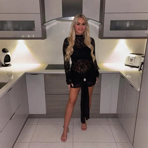 Load image into Gallery viewer, Lace Long Sleeve Sexy Mini Dress For Women Robe Fashion Black See Through Draped Ruched Bodycon Club Party Dress
