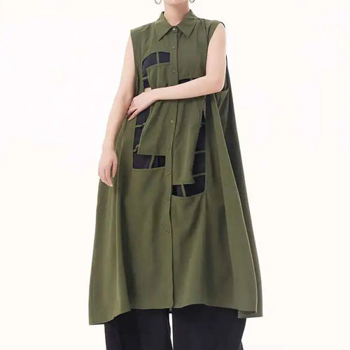 Load image into Gallery viewer, Women Army Green Hollow Out Big Size Midi Casual Dress New Lapel Sleeveless Fashion Tide Spring Summer 2025 1DH9512
