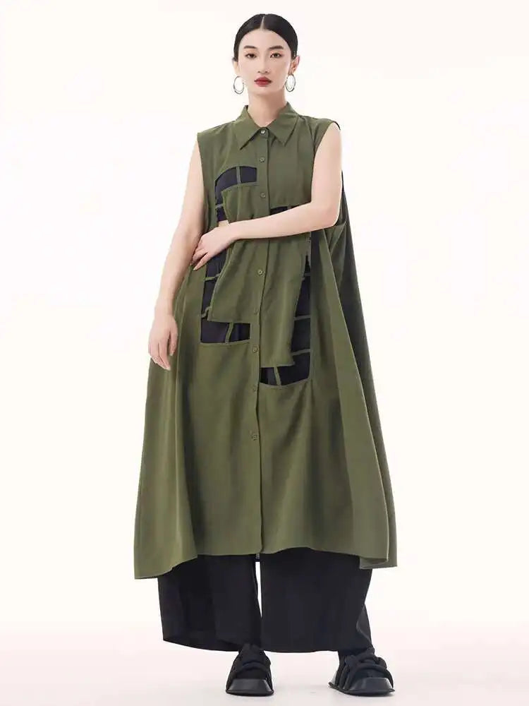Women Army Green Hollow Out Big Size Midi Casual Dress New Lapel Sleeveless Fashion Tide Spring Summer 2025 1DH9512