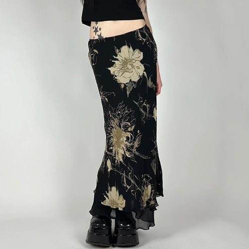 Load image into Gallery viewer, Vintage Gothic Low Rise Slim Long Skirt Women Mesh Patched Grunge Flowers Printing Chic Maxi Skirt Party Y2K Outfits
