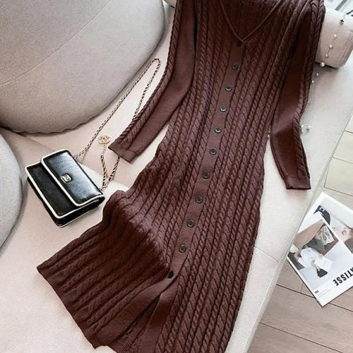 Load image into Gallery viewer, Autumn Winter Brown Single Breasted Knitted Sweater Dresses Women's Grey Elegant Office Ladies V-neck Split Dress Casual Fashion
