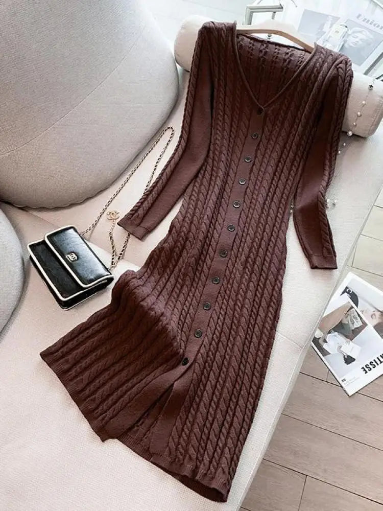 Autumn Winter Brown Single Breasted Knitted Sweater Dresses Women's Grey Elegant Office Ladies V-neck Split Dress Casual Fashion