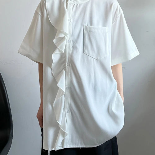 Load image into Gallery viewer, Women White Ruffles Pocket Big Size Blouse New Stand Collar Short Sleeve Shirt Fashion Tide Spring Summer 2025 1DJ0975
