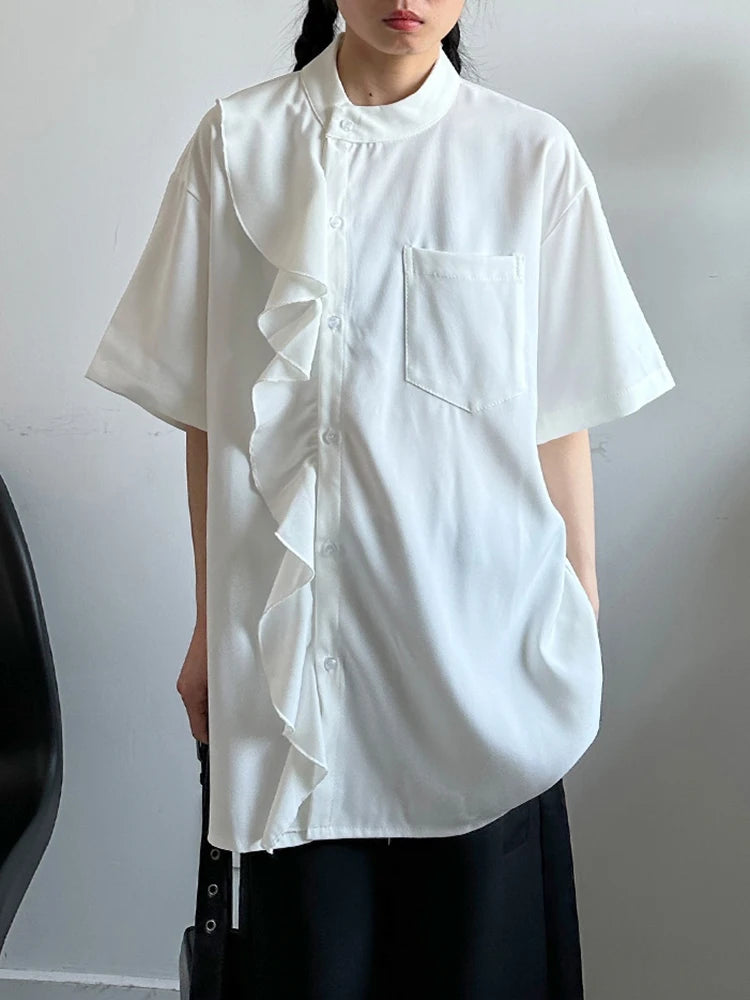 Women White Ruffles Pocket Big Size Blouse New Stand Collar Short Sleeve Shirt Fashion Tide Spring Summer 2025 1DJ0975