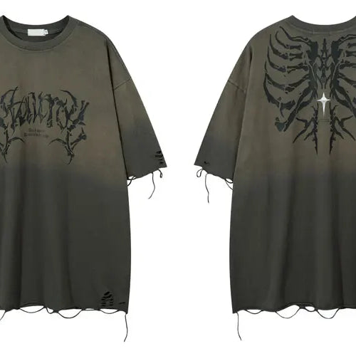 Load image into Gallery viewer, Vintage Oversized T-Shirt Y2K Grunge Skull Graphic Printed Ripped Hole Gradient Tshirt Hip Hop Punk Gothic Casual Streetwear Top
