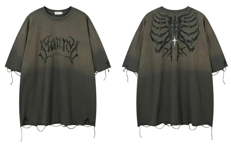 Vintage Oversized T-Shirt Y2K Grunge Skull Graphic Printed Ripped Hole Gradient Tshirt Hip Hop Punk Gothic Casual Streetwear Top