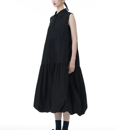Women Black Brief Pleated Big Size Midi Bud Shirt Dress New Lapel Sleeveless Fashion Tide Spring Autumn 2025 1DJ0955