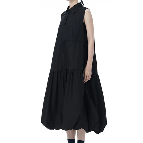 Load image into Gallery viewer, Women Black Brief Pleated Big Size Midi Bud Shirt Dress New Lapel Sleeveless Fashion Tide Spring Autumn 2025 1DJ0955
