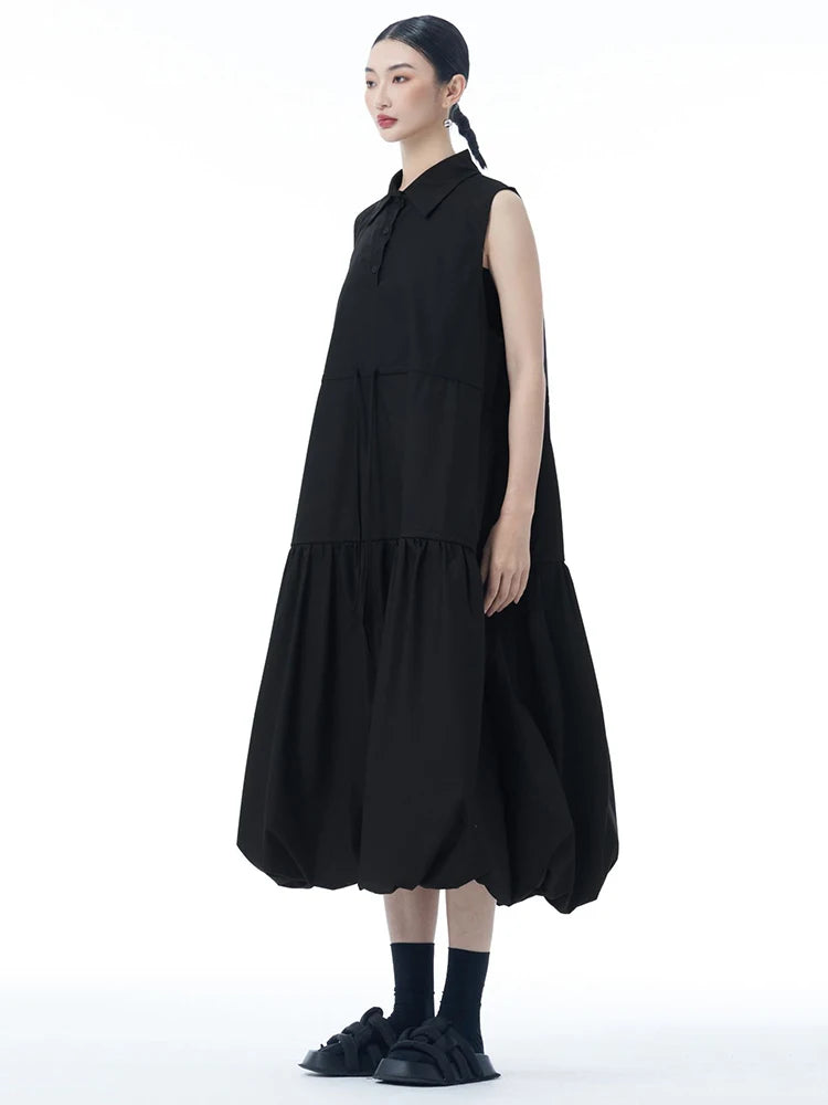 Women Black Brief Pleated Big Size Midi Bud Shirt Dress New Lapel Sleeveless Fashion Tide Spring Autumn 2025 1DJ0955