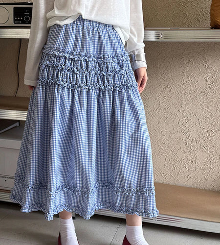 High Elastic Waist Blue Plaid Ruffles Elegant A-line Half-body Skirt Women Fashion Tide New Spring Autumn 2025 1DJ1023