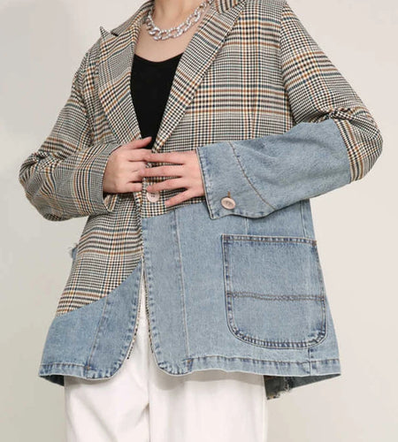 Women Blue Plaid Denim Big Size Blazer New Lapel Long Sleeve Loose Fit  Jacket Fashion Tide Spring Autumn 2025 1DD641005