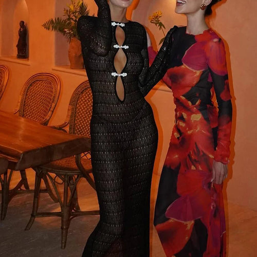 Load image into Gallery viewer, Hollow Out Knit Sexy Maxi Dress Women Fashion See Through Smock Dress Elegant Long Sleeve Backless Fishtail Dress
