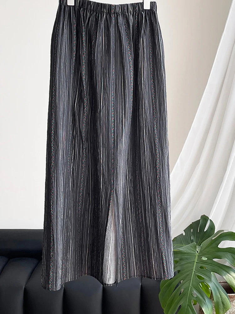 High Elastic Waist Black Striped Back Slit Elegant Half-body Skirt Women Fashion Tide New Spring Autumn 2025 1DJ1264