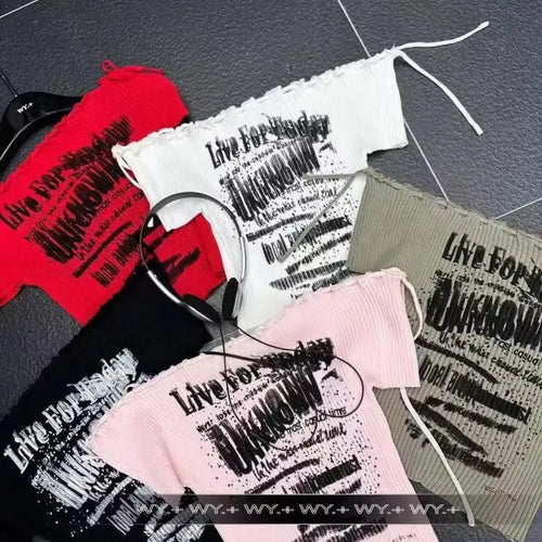 Load image into Gallery viewer, Black Letters Print Short Sleeved Knit T-shirt For Women's 2024 Summer New Red Slim Off Shoulder Lace-up Tops Trend Streetwear
