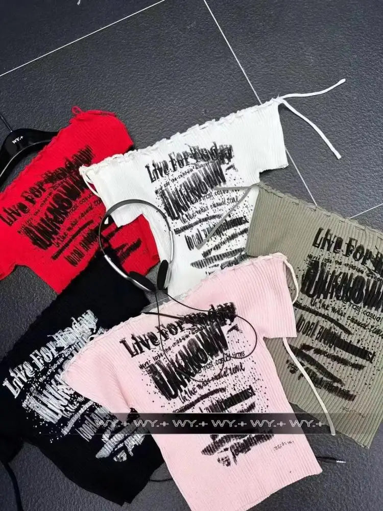 Black Letters Print Short Sleeved Knit T-shirt For Women's 2024 Summer New Red Slim Off Shoulder Lace-up Tops Trend Streetwear