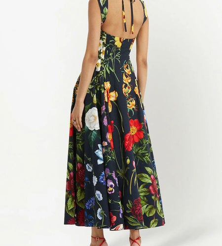 Vintage Print Floral Dress For Women Square Collar Sleeveless High Waist Backless Colorblock Midi Dresses Female Clothes New