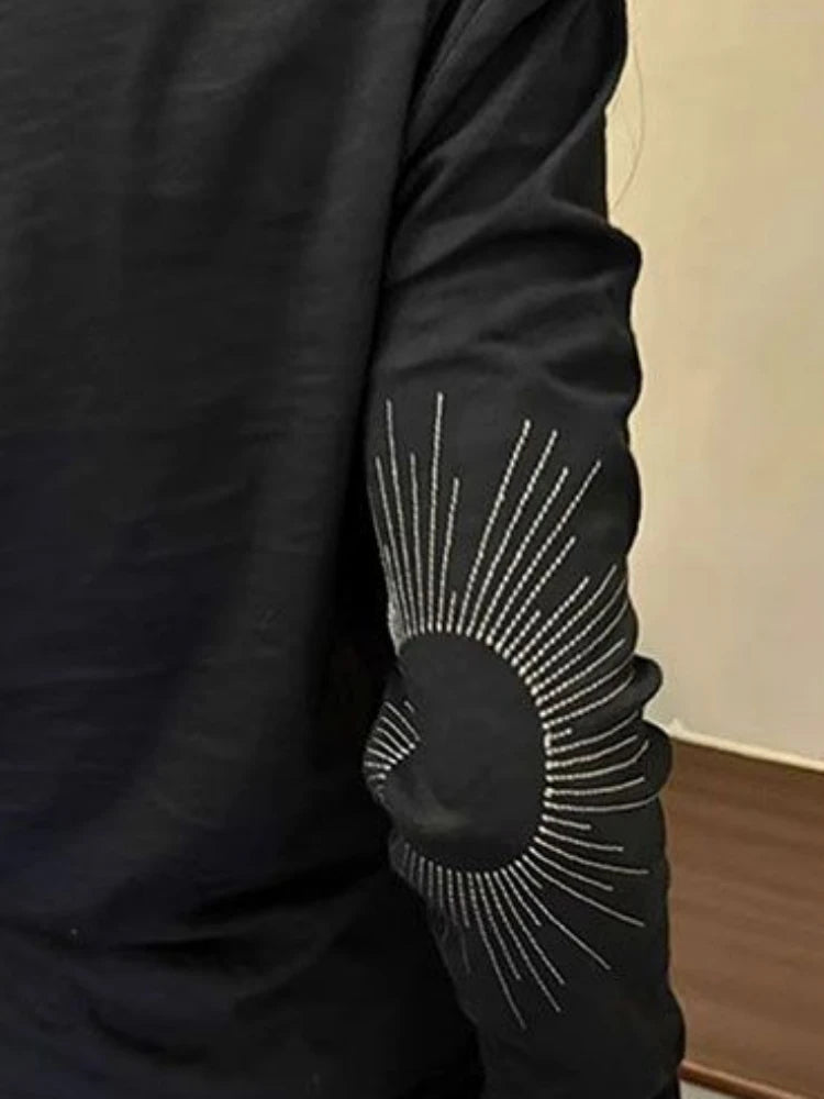 2025 Women Streetwear Embroidery Grunge T-shirts Loose Single Breasted Autumn Black Tops Y2k Aesthetic Casual Style Vintage Tees