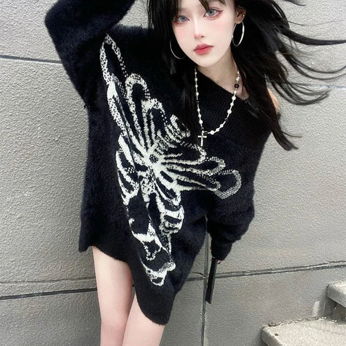 Load image into Gallery viewer, Grunge Sweater Fashion Streetwear Y2k Aesthetic Blackpullover Skull Print Gothc Women Jumper Harajuku Loose Knitwear
