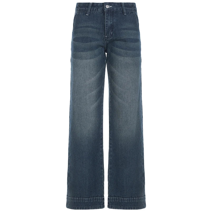 Fashion Washed Buttons Jeans For Women Loose Low Rise Basic Trousers Chic Style Pockets Straight Leg Denim Pants New