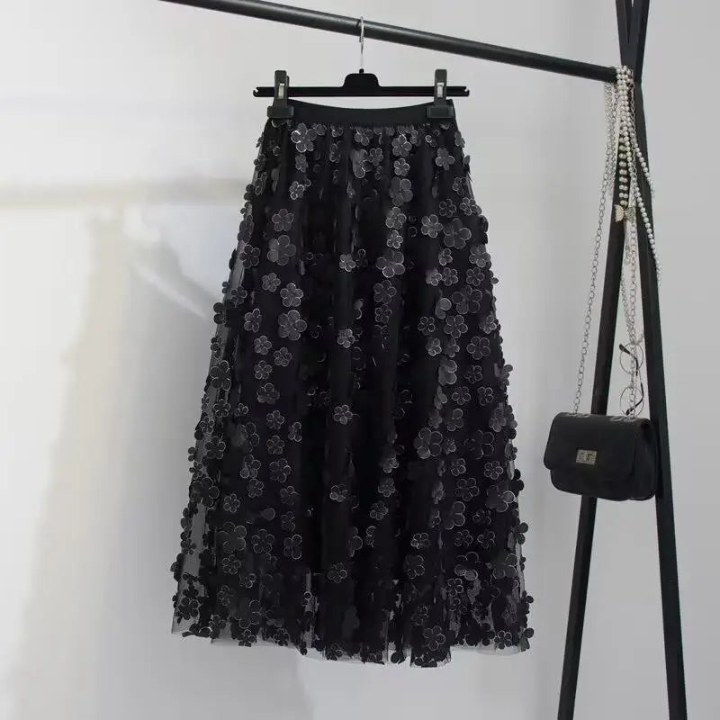 Elastic High Waist Skirt Ladies Summer Vintage Jacquard Butterfly Tulle Skirts Womens Fashion Embroidery Mesh Midi Skirt Women