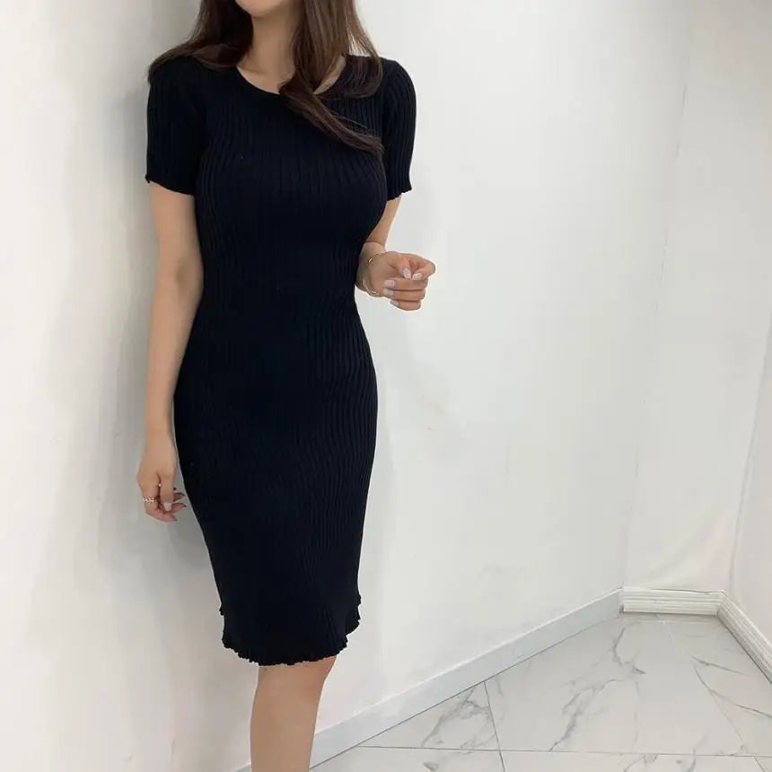 Summer Black Backless Short Sleeve Holiday Knit Midi Dress For Women Blue Sexy O-neck Slim Party Club Bow Bandage Dress 2025 New