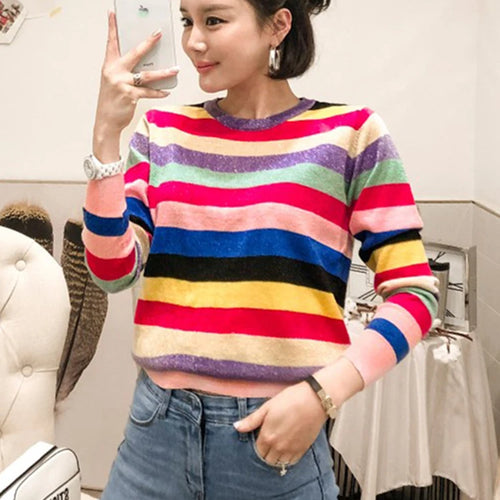 Load image into Gallery viewer, Rainbow Colorful Stripe Print Women Casual Sweaters Fashion O-neck Knitwear Loose Pullovers Lurex Jumper Pull  B-042
