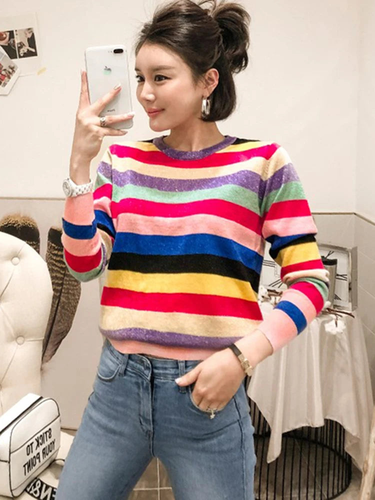 Rainbow Colorful Stripe Print Women Casual Sweaters Fashion O-neck Knitwear Loose Pullovers Lurex Jumper Pull  B-042