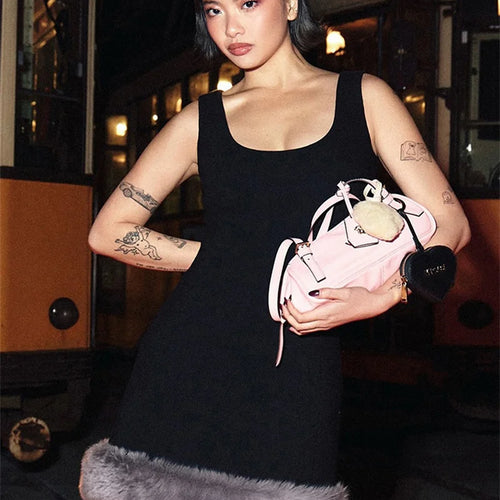 Load image into Gallery viewer, Patchwork Fur Hem Sexy Mini Dress Women Robe Fashion Black Summer New Sleeveless Backless Slim High Waist Sheath Dress
