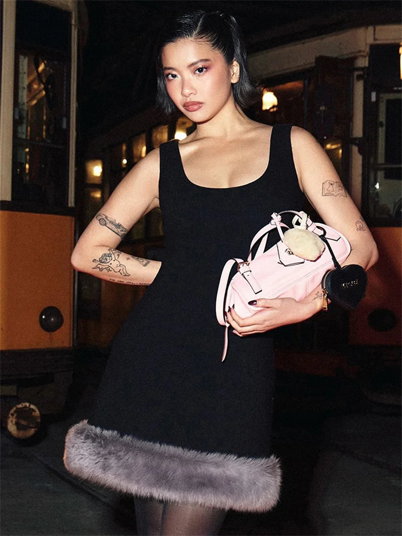 Patchwork Fur Hem Sexy Mini Dress Women Robe Fashion Black Summer New Sleeveless Backless Slim High Waist Sheath Dress