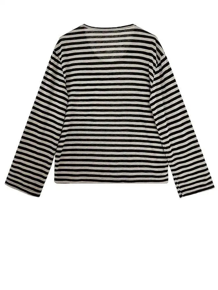 Women Apricot Striped Color-block Big Size Casual T-shirt New Round Neck Long Sleeve Fashion Spring Autumn 2025 1DH6803